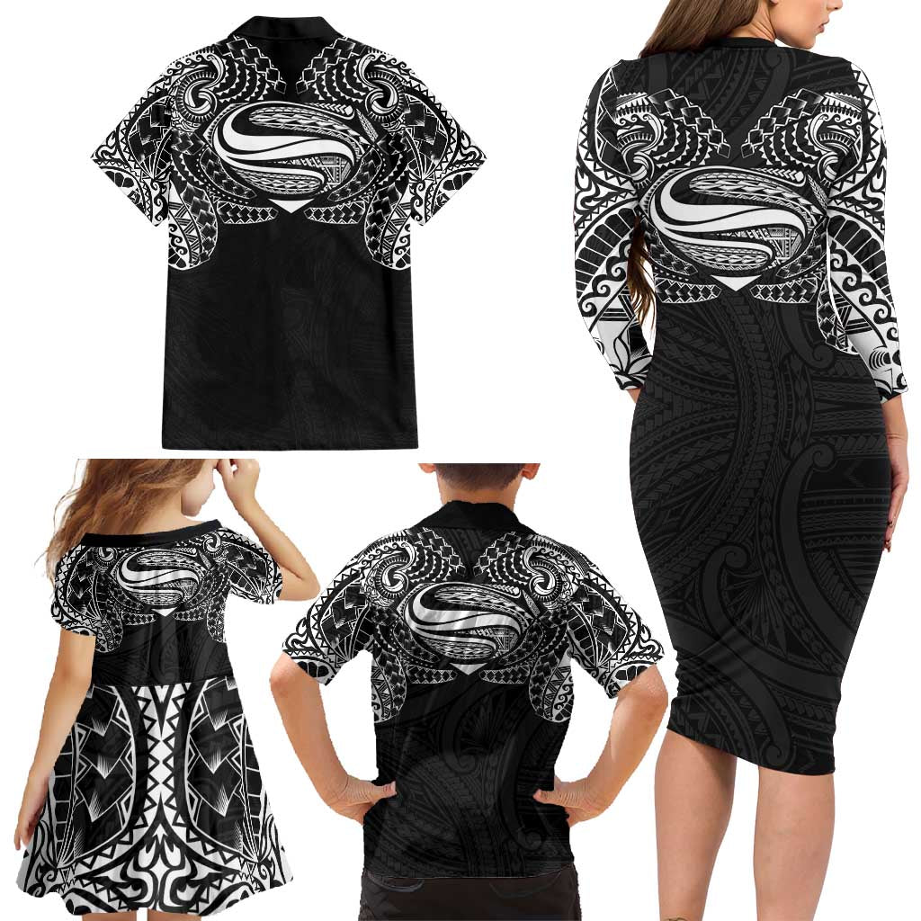 Super Samoan Traditional Tribal Art Tattoos Family Matching Long Sleeve Bodycon Dress and Hawaiian Shirt Black Color LT03 - Polynesian Pride