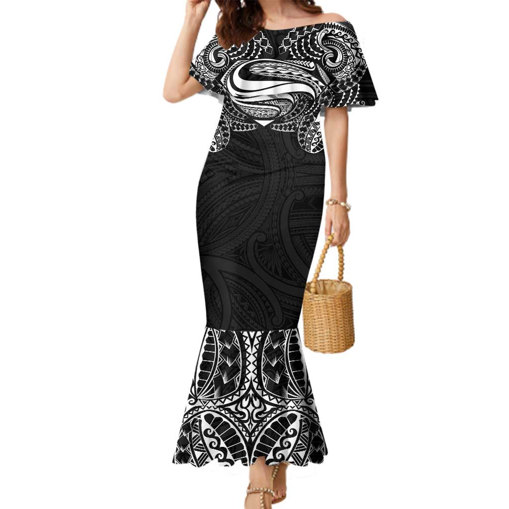 Super Samoan Traditional Tribal Art Tattoos Family Matching Mermaid Dress and Hawaiian Shirt Black Color LT03 Mom's Dress Black - Polynesian Pride
