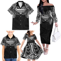 Super Samoan Traditional Tribal Art Tattoos Family Matching Off The Shoulder Long Sleeve Dress and Hawaiian Shirt Black Color LT03 - Polynesian Pride
