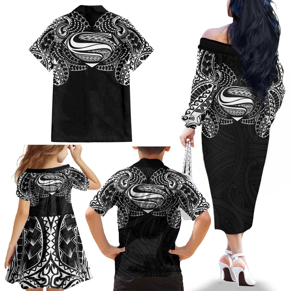 Super Samoan Traditional Tribal Art Tattoos Family Matching Off The Shoulder Long Sleeve Dress and Hawaiian Shirt Black Color LT03 - Polynesian Pride
