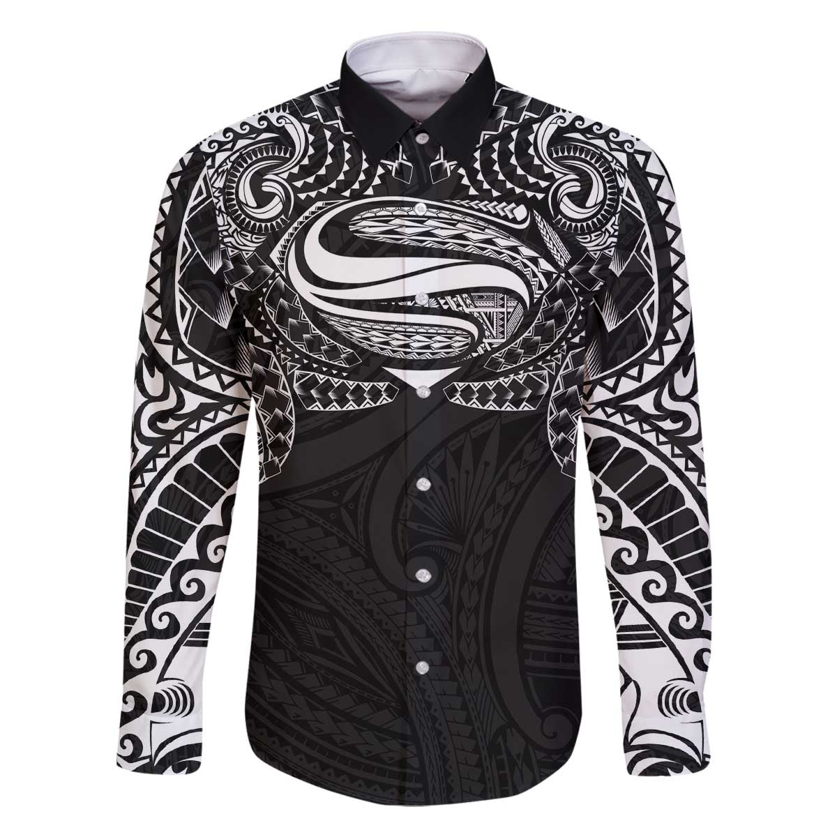 Super Samoan Traditional Tribal Art Tattoos Family Matching Off The Shoulder Long Sleeve Dress and Hawaiian Shirt Black Color LT03 Dad's Shirt - Long Sleeve Black - Polynesian Pride