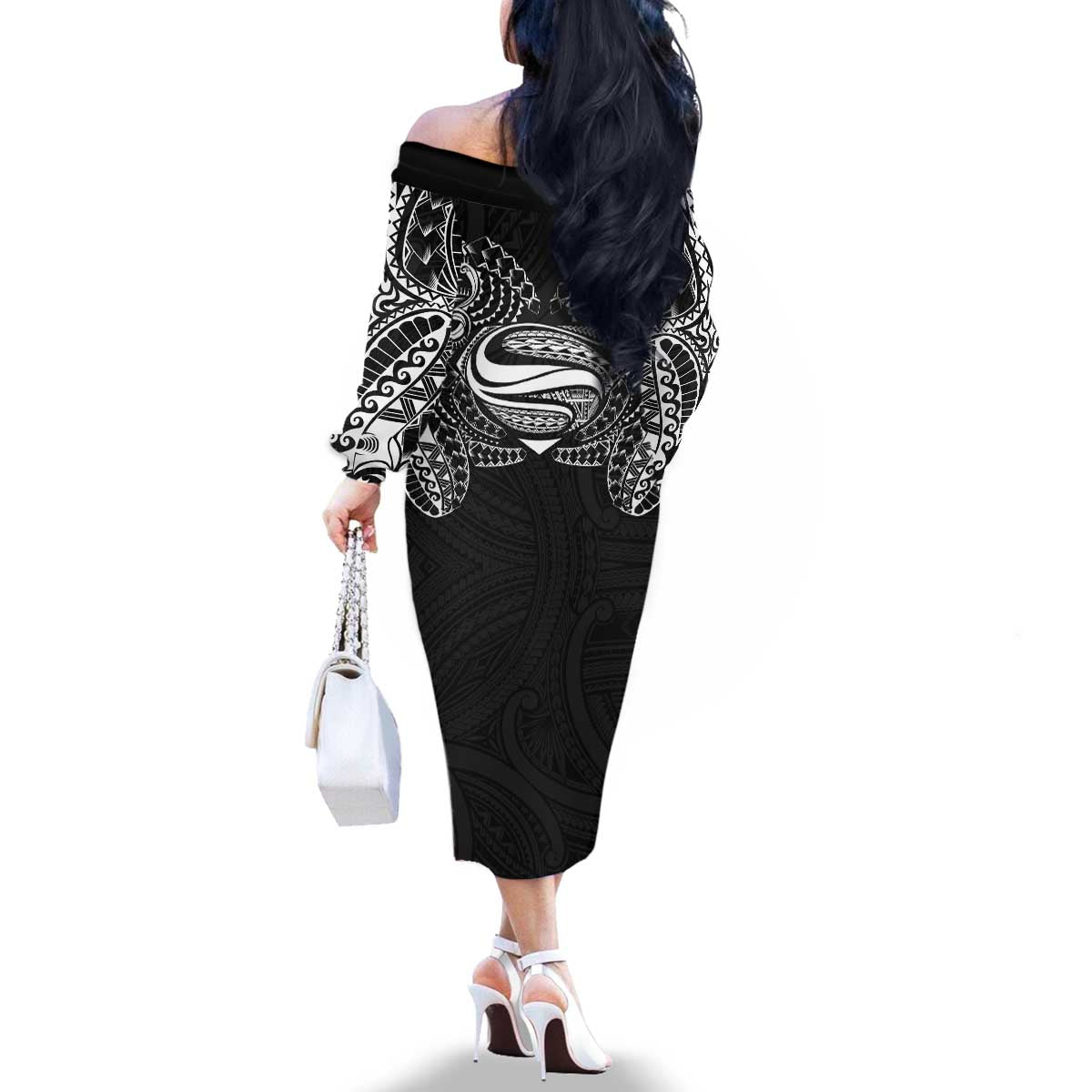 Super Samoan Traditional Tribal Art Tattoos Family Matching Off The Shoulder Long Sleeve Dress and Hawaiian Shirt Black Color LT03 - Polynesian Pride