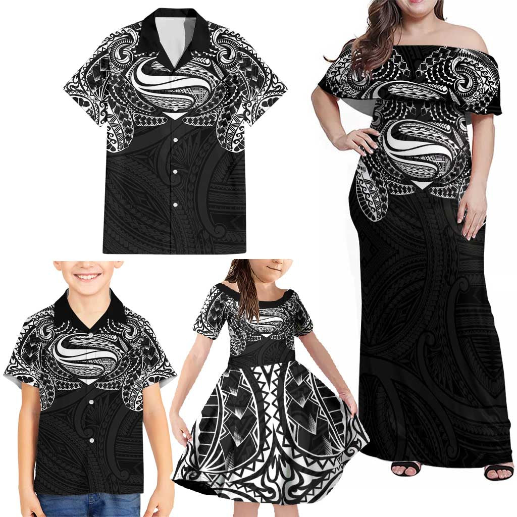 Super Samoan Traditional Tribal Art Tattoos Family Matching Off Shoulder Maxi Dress and Hawaiian Shirt Black Color LT03 - Polynesian Pride