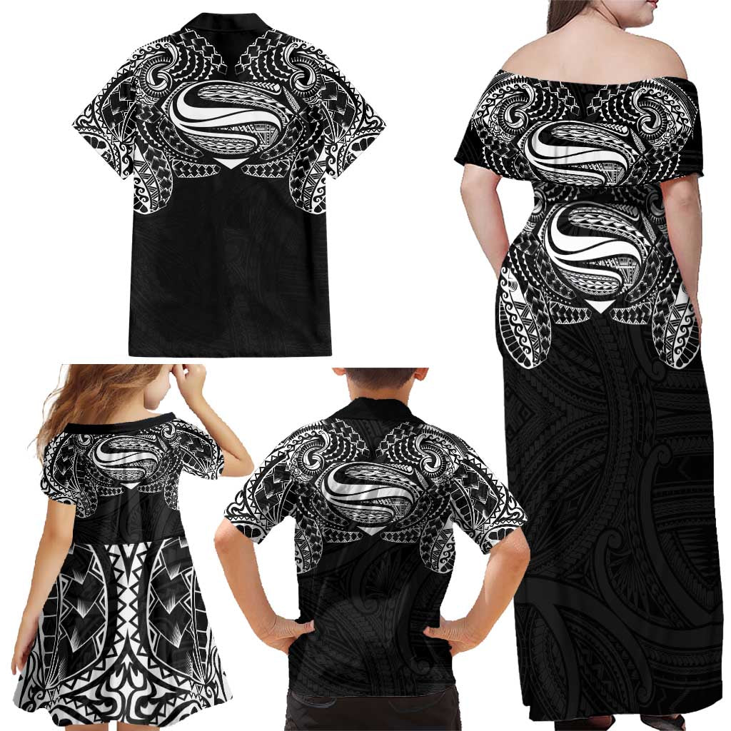 Super Samoan Traditional Tribal Art Tattoos Family Matching Off Shoulder Maxi Dress and Hawaiian Shirt Black Color LT03 - Polynesian Pride