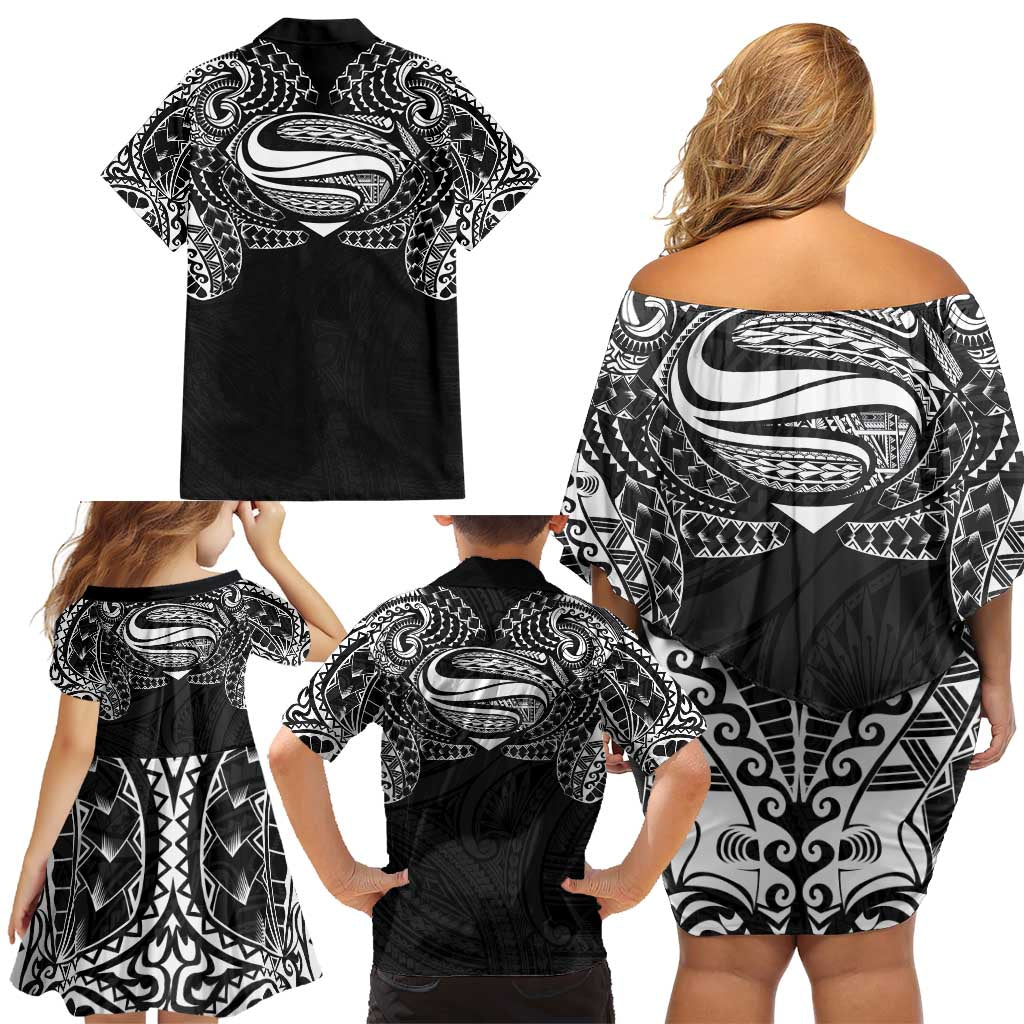 Super Samoan Traditional Tribal Art Tattoos Family Matching Off Shoulder Short Dress and Hawaiian Shirt Black Color LT03 - Polynesian Pride