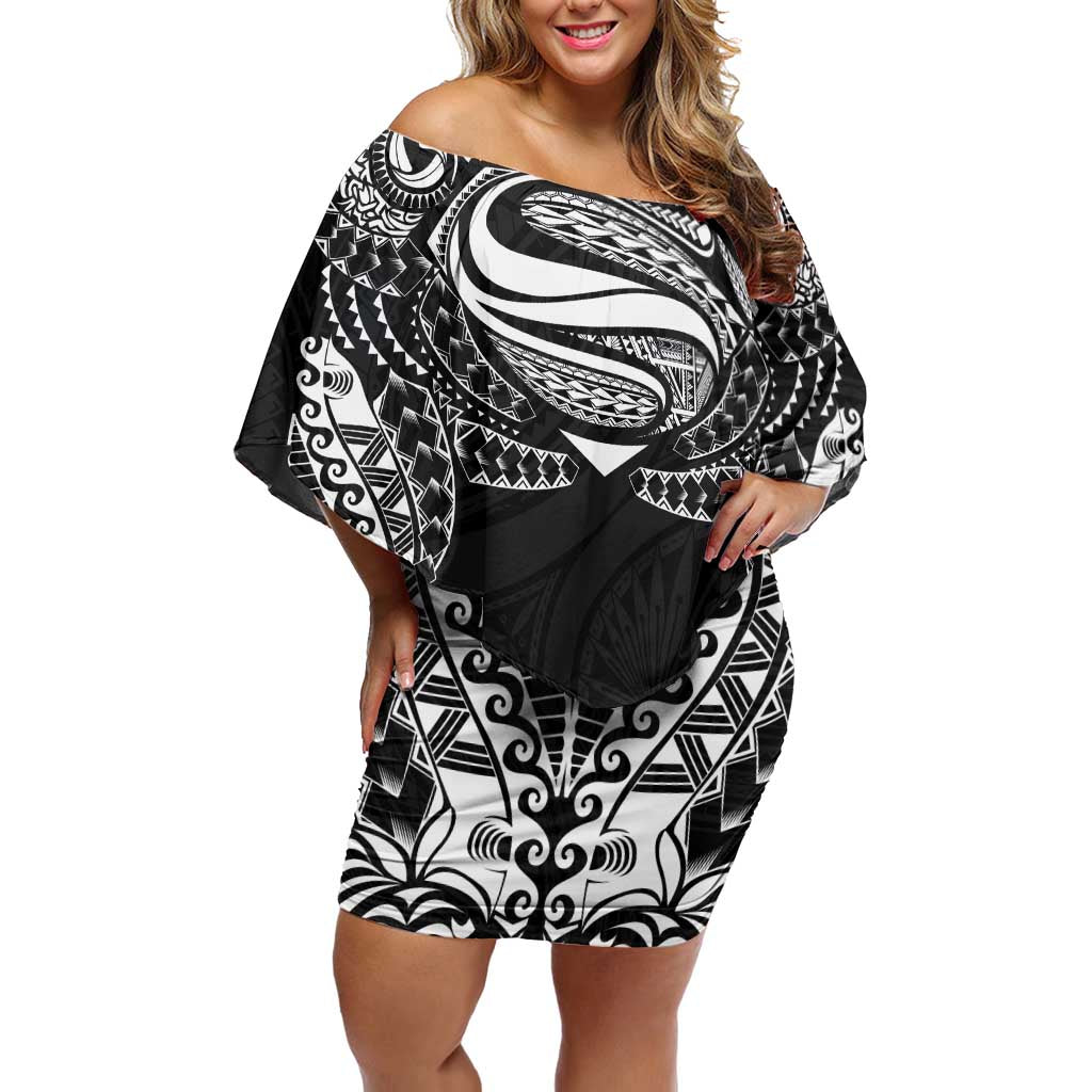 Super Samoan Traditional Tribal Art Tattoos Family Matching Off Shoulder Short Dress and Hawaiian Shirt Black Color LT03 Mom's Dress Black - Polynesian Pride
