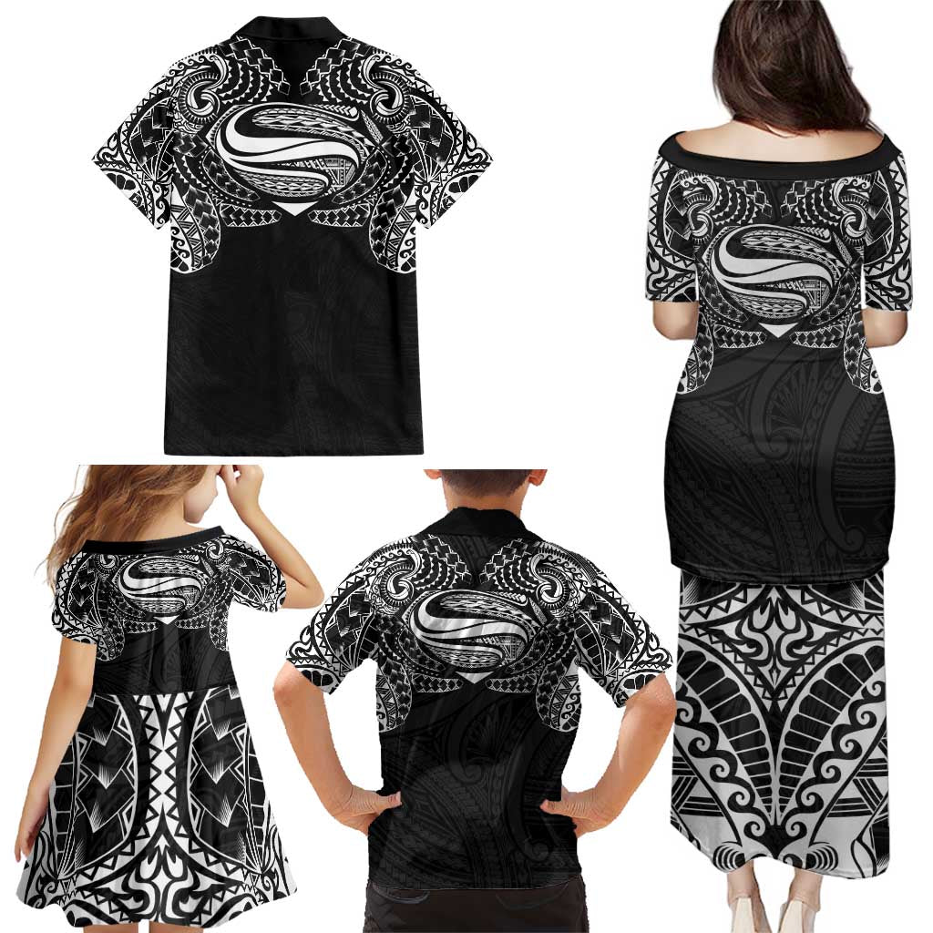 Super Samoan Traditional Tribal Art Tattoos Family Matching Puletasi and Hawaiian Shirt Black Color LT03 - Polynesian Pride