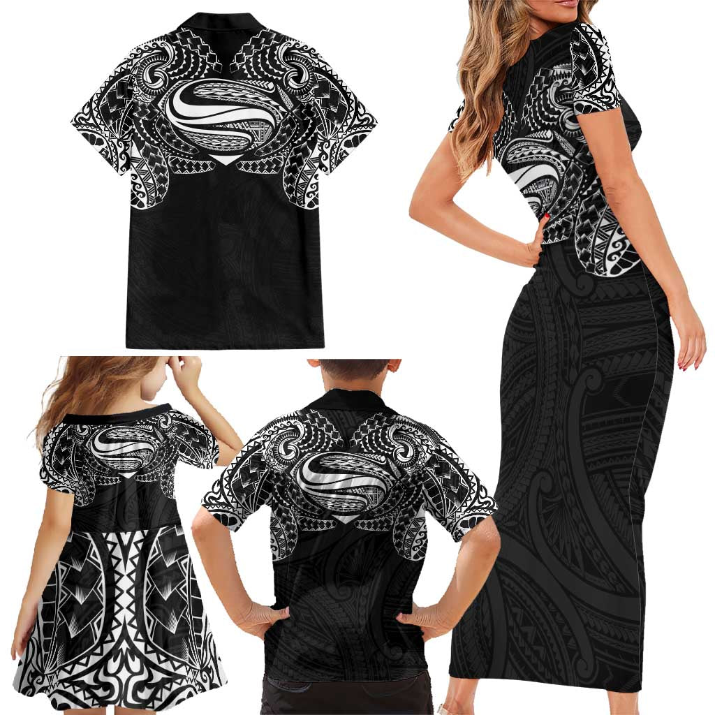 Super Samoan Traditional Tribal Art Tattoos Family Matching Short Sleeve Bodycon Dress and Hawaiian Shirt Black Color LT03 - Polynesian Pride