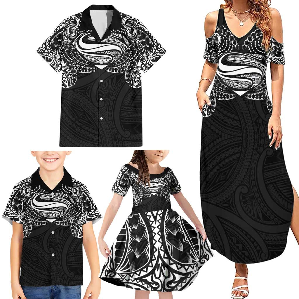 Super Samoan Traditional Tribal Art Tattoos Family Matching Summer Maxi Dress and Hawaiian Shirt Black Color LT03 - Polynesian Pride
