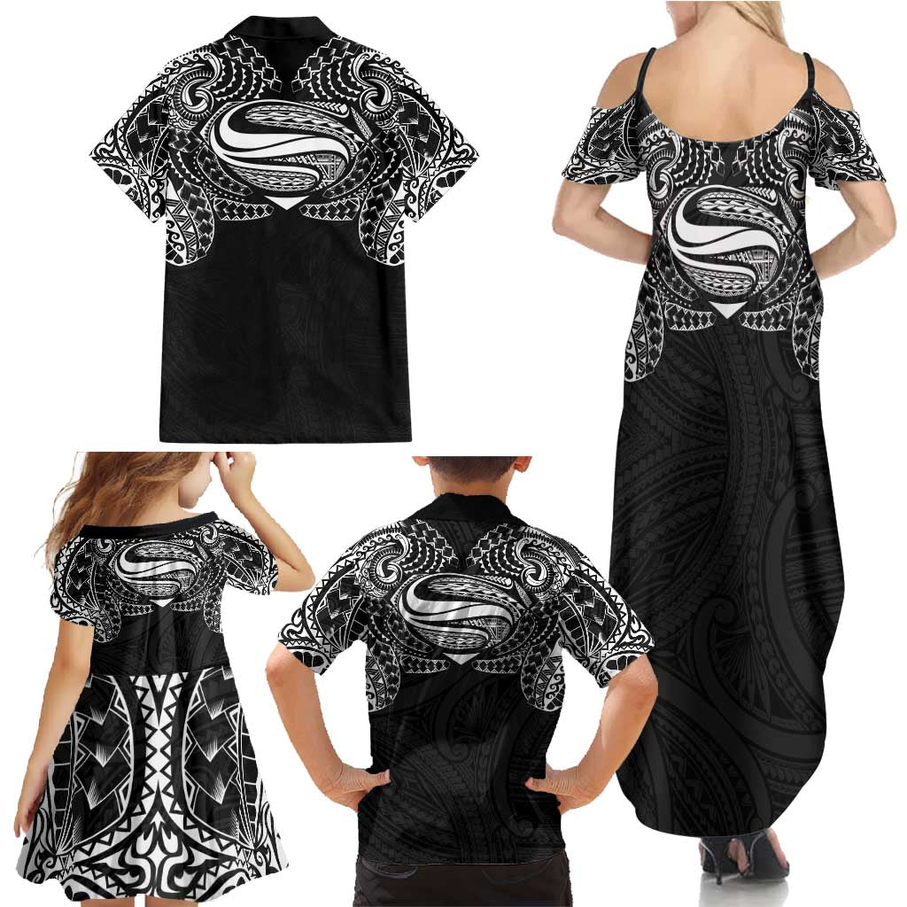 Super Samoan Traditional Tribal Art Tattoos Family Matching Summer Maxi Dress and Hawaiian Shirt Black Color LT03 - Polynesian Pride