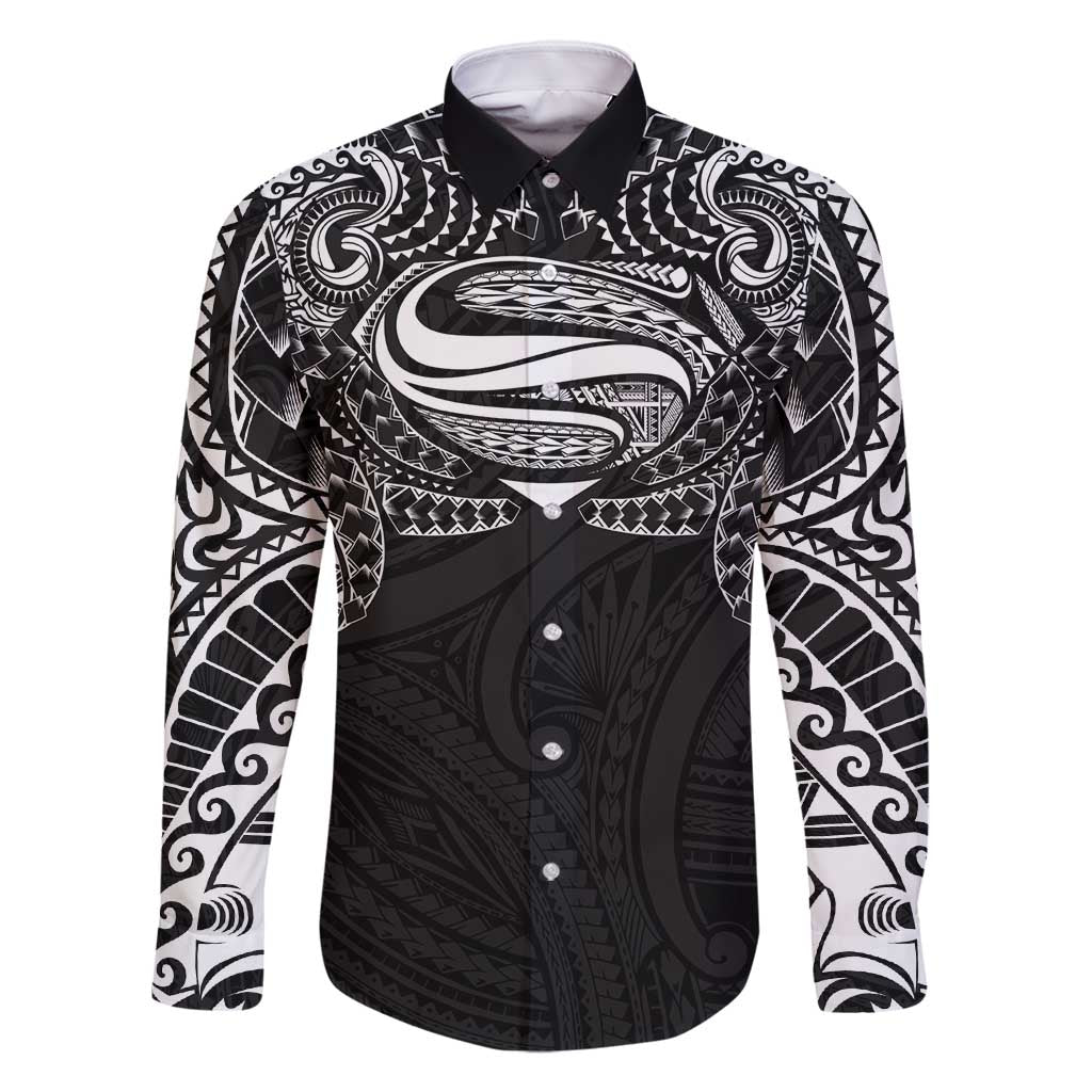 Super Samoan Traditional Tribal Art Tattoos Family Matching Summer Maxi Dress and Hawaiian Shirt Black Color LT03 Dad's Shirt - Long Sleeve Black - Polynesian Pride