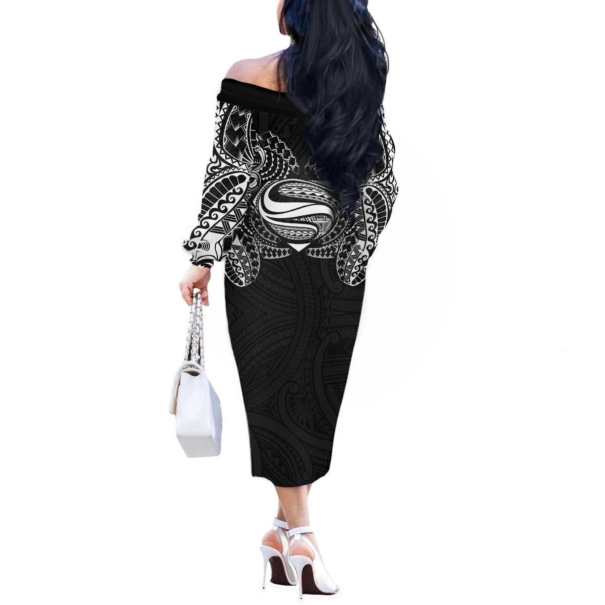 Super Samoan Traditional Tribal Art Tattoos Off The Shoulder Long Sleeve Dress Black Color - Polynesian Pride