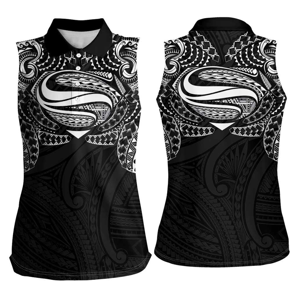 Super Samoan Traditional Tribal Art Tattoos Women Sleeveless Polo Shirt Black Color - Polynesian Pride