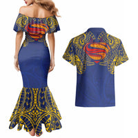 Super Samoan Traditional Tribal Art Tattoos Couples Matching Mermaid Dress and Hawaiian Shirt Blue Color - Polynesian Pride