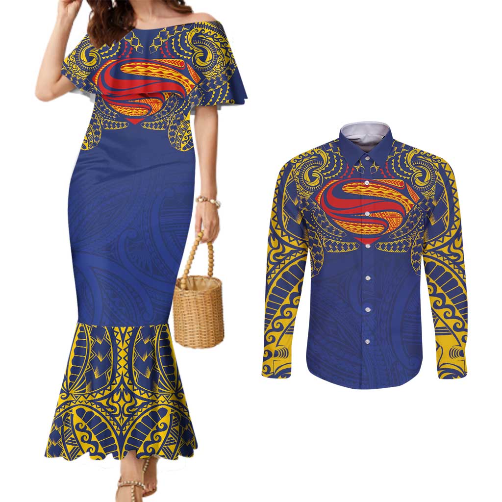 Super Samoan Traditional Tribal Art Tattoos Couples Matching Mermaid Dress and Long Sleeve Button Shirt Blue Color - Polynesian Pride