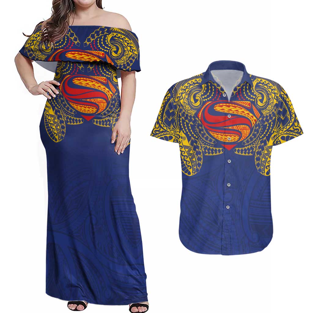 Super Samoan Traditional Tribal Art Tattoos Couples Matching Off Shoulder Maxi Dress and Hawaiian Shirt Blue Color LT03 Blue - Polynesian Pride