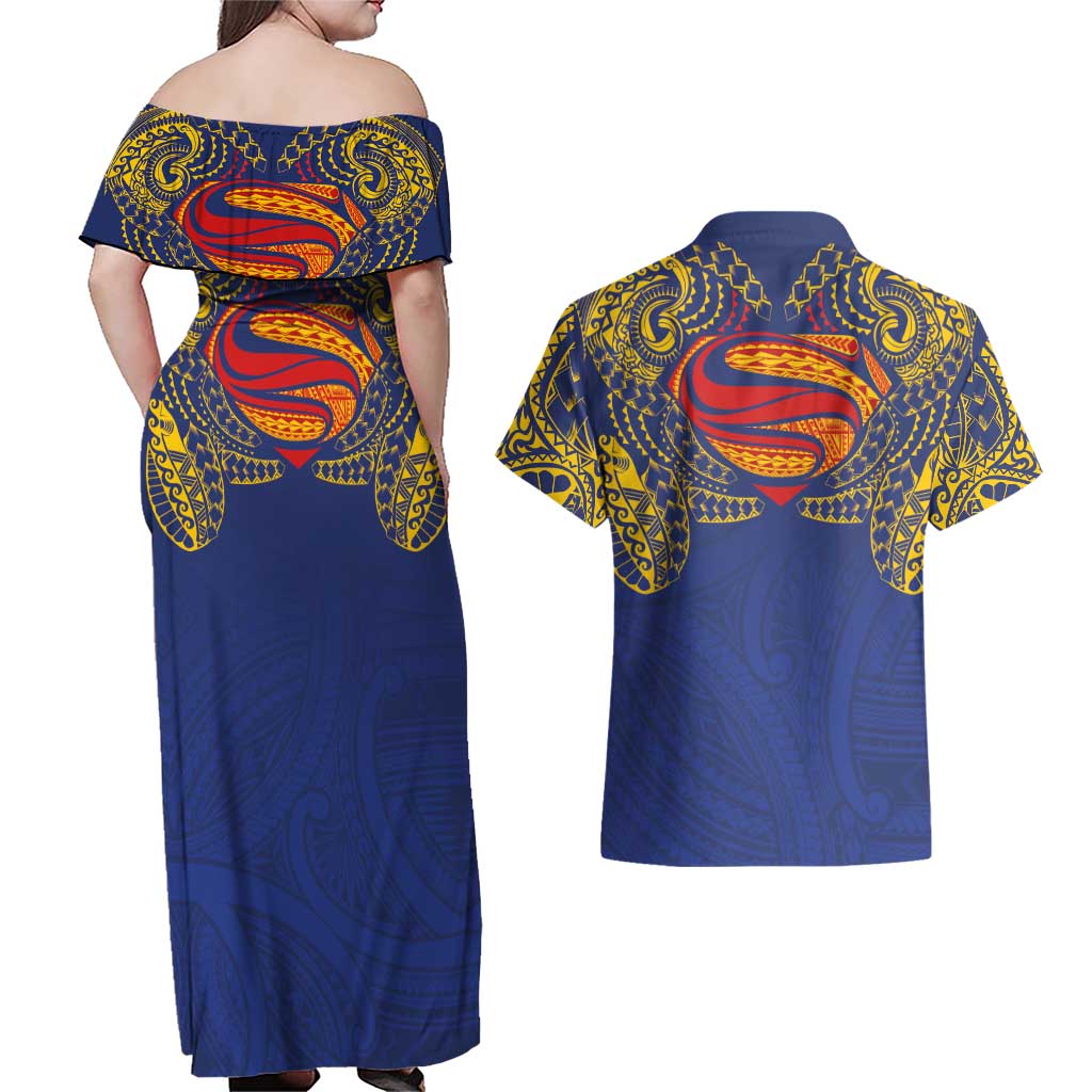 Super Samoan Traditional Tribal Art Tattoos Couples Matching Off Shoulder Maxi Dress and Hawaiian Shirt Blue Color LT03 - Polynesian Pride