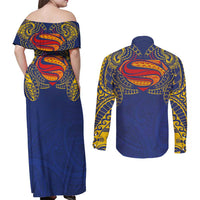 Super Samoan Traditional Tribal Art Tattoos Couples Matching Off Shoulder Maxi Dress and Long Sleeve Button Shirt Blue Color - Polynesian Pride