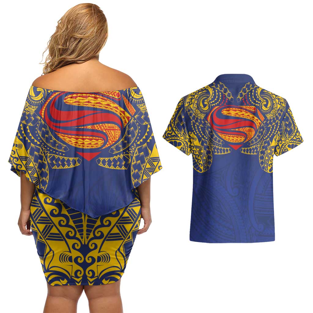 Super Samoan Traditional Tribal Art Tattoos Couples Matching Off Shoulder Short Dress and Hawaiian Shirt Blue Color - Polynesian Pride