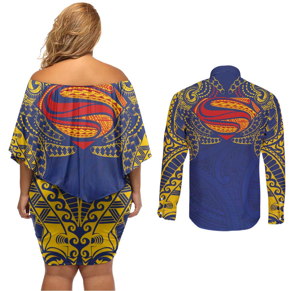 Super Samoan Traditional Tribal Art Tattoos Couples Matching Off Shoulder Short Dress and Long Sleeve Button Shirt Blue Color - Polynesian Pride