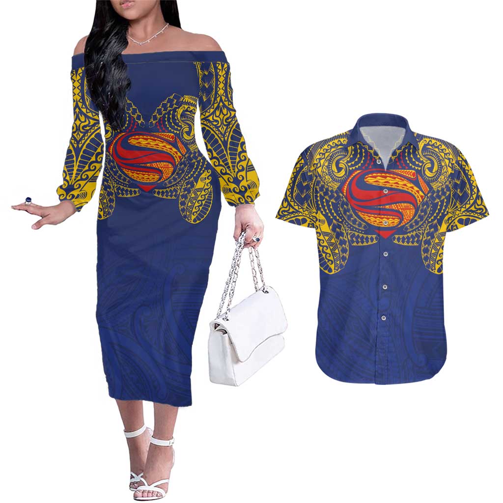 Super Samoan Traditional Tribal Art Tattoos Couples Matching Off The Shoulder Long Sleeve Dress and Hawaiian Shirt Blue Color - Polynesian Pride