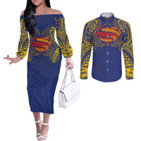 Super Samoan Traditional Tribal Art Tattoos Couples Matching Off The Shoulder Long Sleeve Dress and Long Sleeve Button Shirt Blue Color - Polynesian Pride