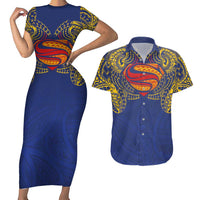 Super Samoan Traditional Tribal Art Tattoos Couples Matching Short Sleeve Bodycon Dress and Hawaiian Shirt Blue Color - Polynesian Pride