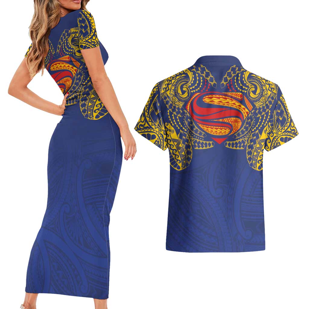 Super Samoan Traditional Tribal Art Tattoos Couples Matching Short Sleeve Bodycon Dress and Hawaiian Shirt Blue Color - Polynesian Pride