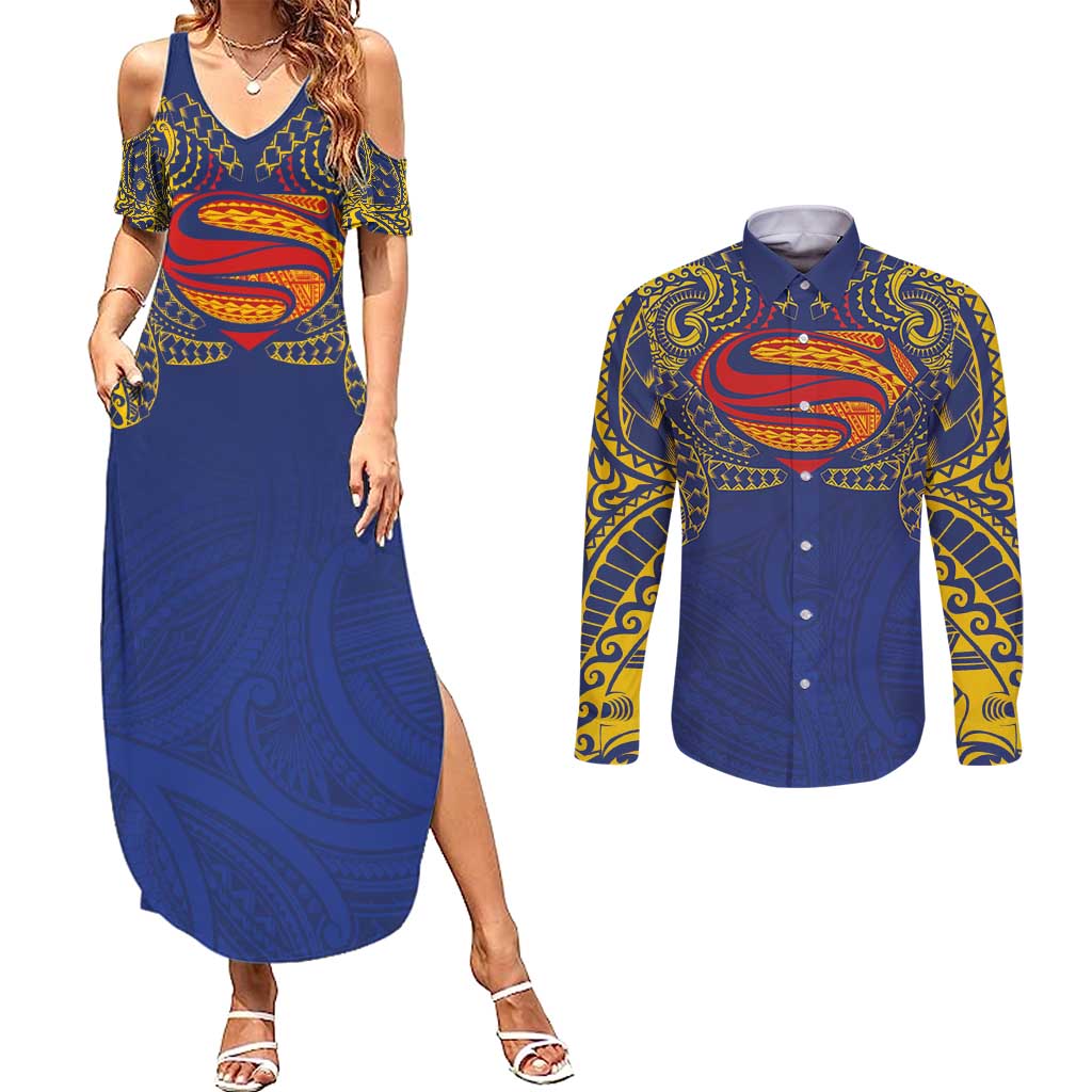 Super Samoan Traditional Tribal Art Tattoos Couples Matching Summer Maxi Dress and Long Sleeve Button Shirt Blue Color - Polynesian Pride