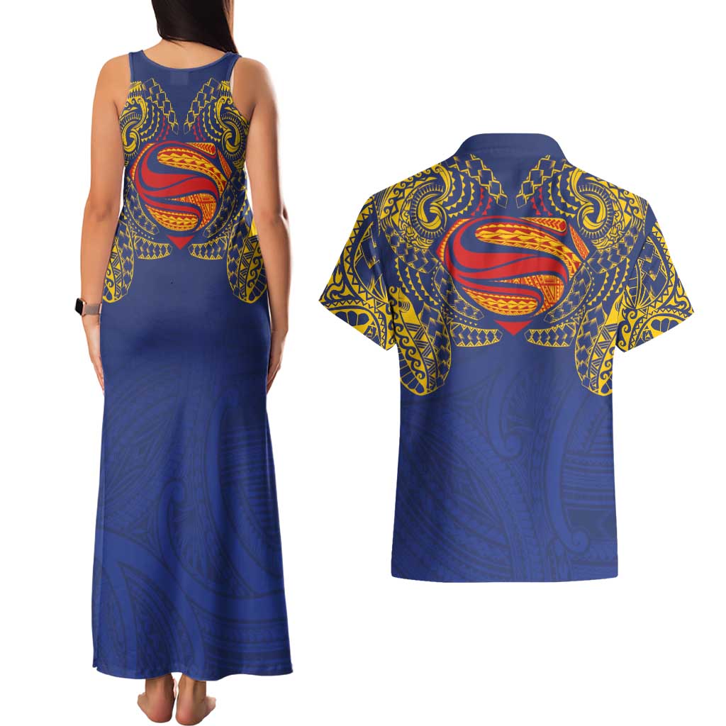 Super Samoan Traditional Tribal Art Tattoos Couples Matching Tank Maxi Dress and Hawaiian Shirt Blue Color - Polynesian Pride