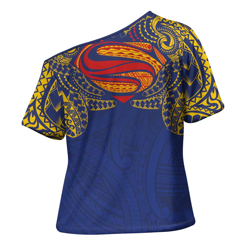 Super Samoan Traditional Tribal Art Tattoos Cross Shoulder Shirt Blue Color LT03 - Polynesian Pride