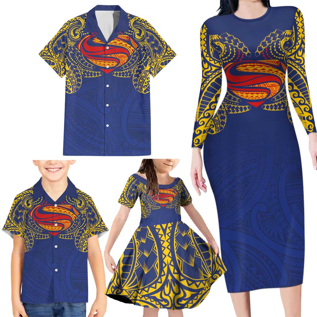 Super Samoan Traditional Tribal Art Tattoos Family Matching Long Sleeve Bodycon Dress and Hawaiian Shirt Blue Color - Polynesian Pride
