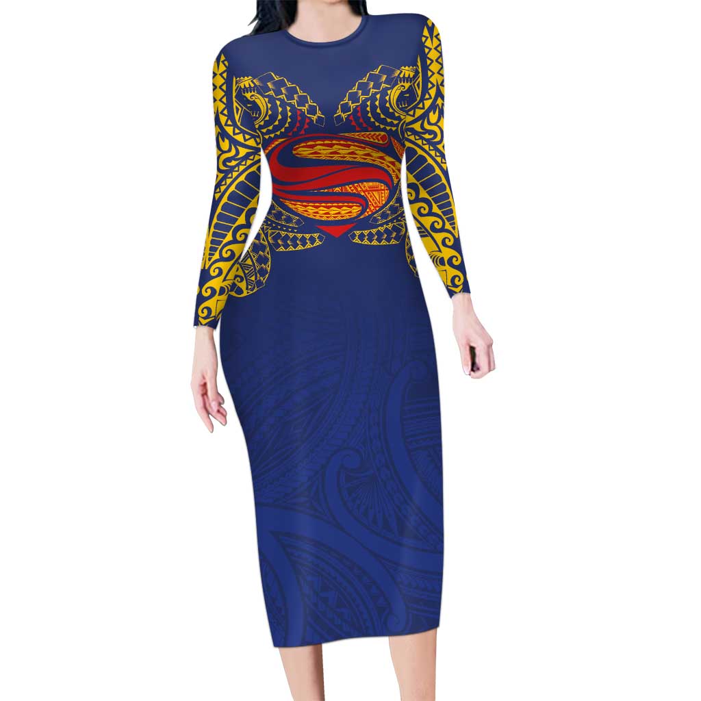 Super Samoan Traditional Tribal Art Tattoos Family Matching Long Sleeve Bodycon Dress and Hawaiian Shirt Blue Color LT03 Mom's Dress Blue - Polynesian Pride