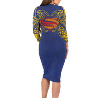 Super Samoan Traditional Tribal Art Tattoos Family Matching Long Sleeve Bodycon Dress and Hawaiian Shirt Blue Color LT03 - Polynesian Pride