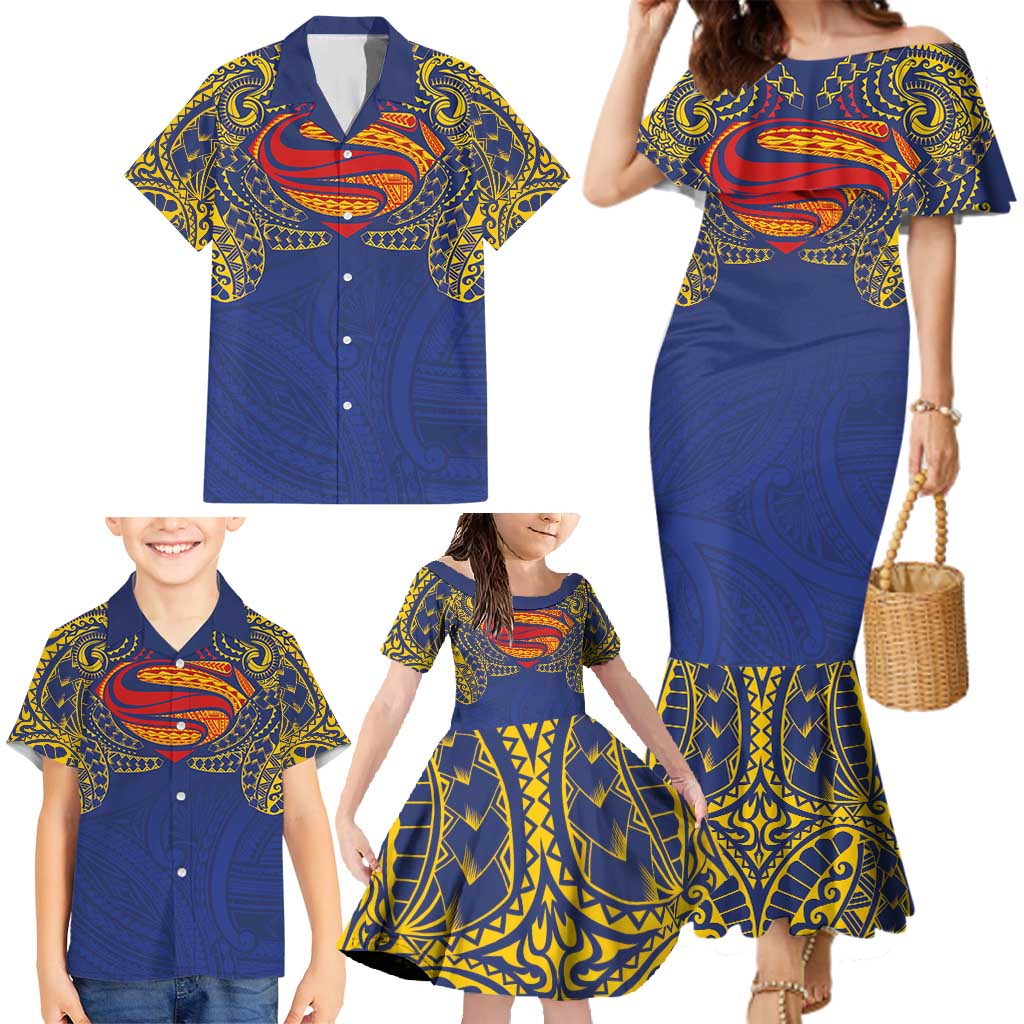 Super Samoan Traditional Tribal Art Tattoos Family Matching Mermaid Dress and Hawaiian Shirt Blue Color - Polynesian Pride