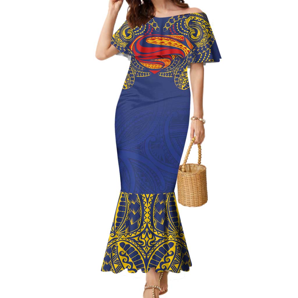 Super Samoan Traditional Tribal Art Tattoos Family Matching Mermaid Dress and Hawaiian Shirt Blue Color LT03 Mom's Dress Blue - Polynesian Pride