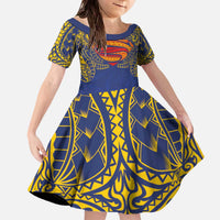 Super Samoan Traditional Tribal Art Tattoos Family Matching Off The Shoulder Long Sleeve Dress and Hawaiian Shirt Blue Color LT03 Daughter's Dress Blue - Polynesian Pride