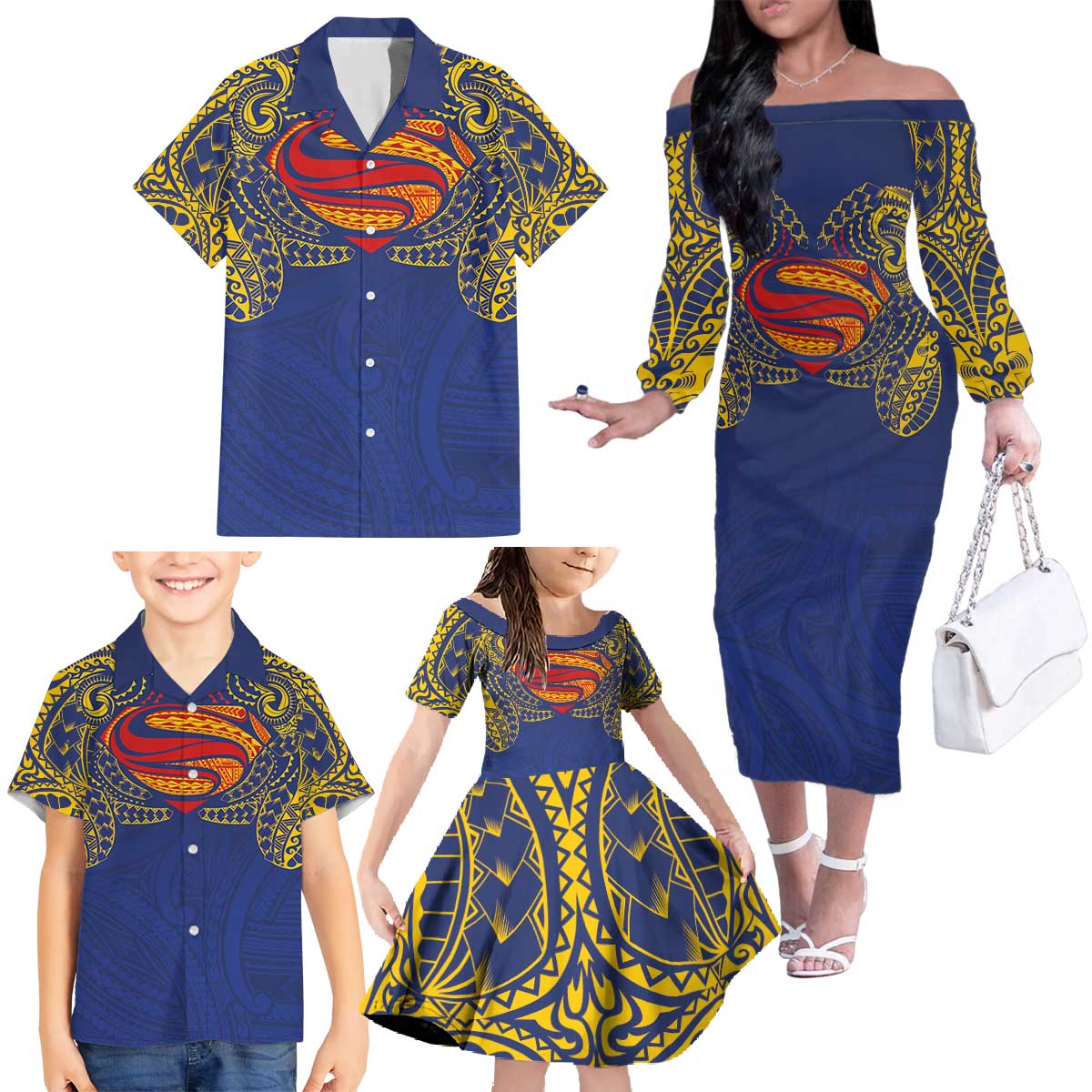 Super Samoan Traditional Tribal Art Tattoos Family Matching Off The Shoulder Long Sleeve Dress and Hawaiian Shirt Blue Color LT03 - Polynesian Pride