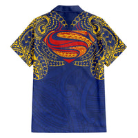 Super Samoan Traditional Tribal Art Tattoos Family Matching Off The Shoulder Long Sleeve Dress and Hawaiian Shirt Blue Color LT03 - Polynesian Pride