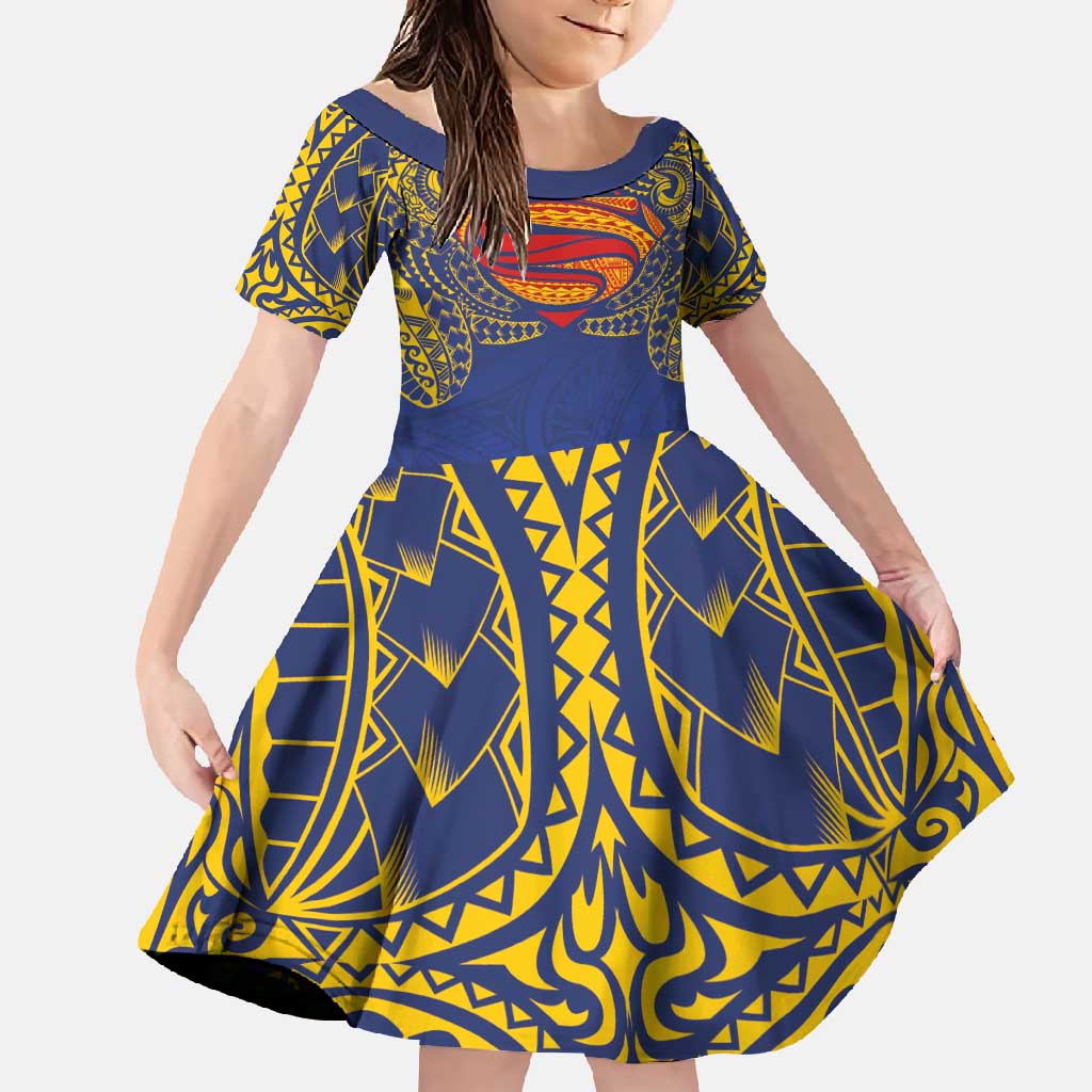 Super Samoan Traditional Tribal Art Tattoos Family Matching Off Shoulder Maxi Dress and Hawaiian Shirt Blue Color LT03 Daughter's Dress Blue - Polynesian Pride