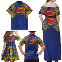 Super Samoan Traditional Tribal Art Tattoos Family Matching Off Shoulder Maxi Dress and Hawaiian Shirt Blue Color LT03 - Polynesian Pride