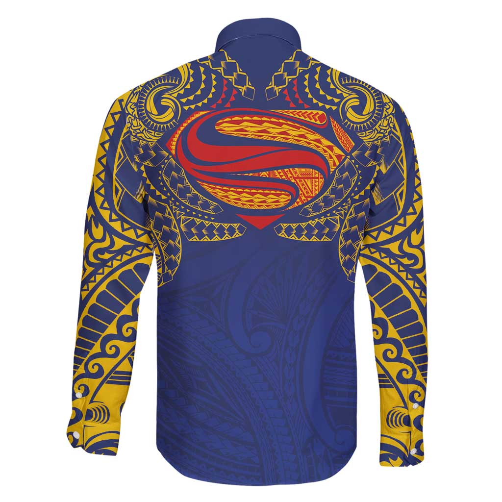 Super Samoan Traditional Tribal Art Tattoos Family Matching Off Shoulder Maxi Dress and Hawaiian Shirt Blue Color LT03 - Polynesian Pride