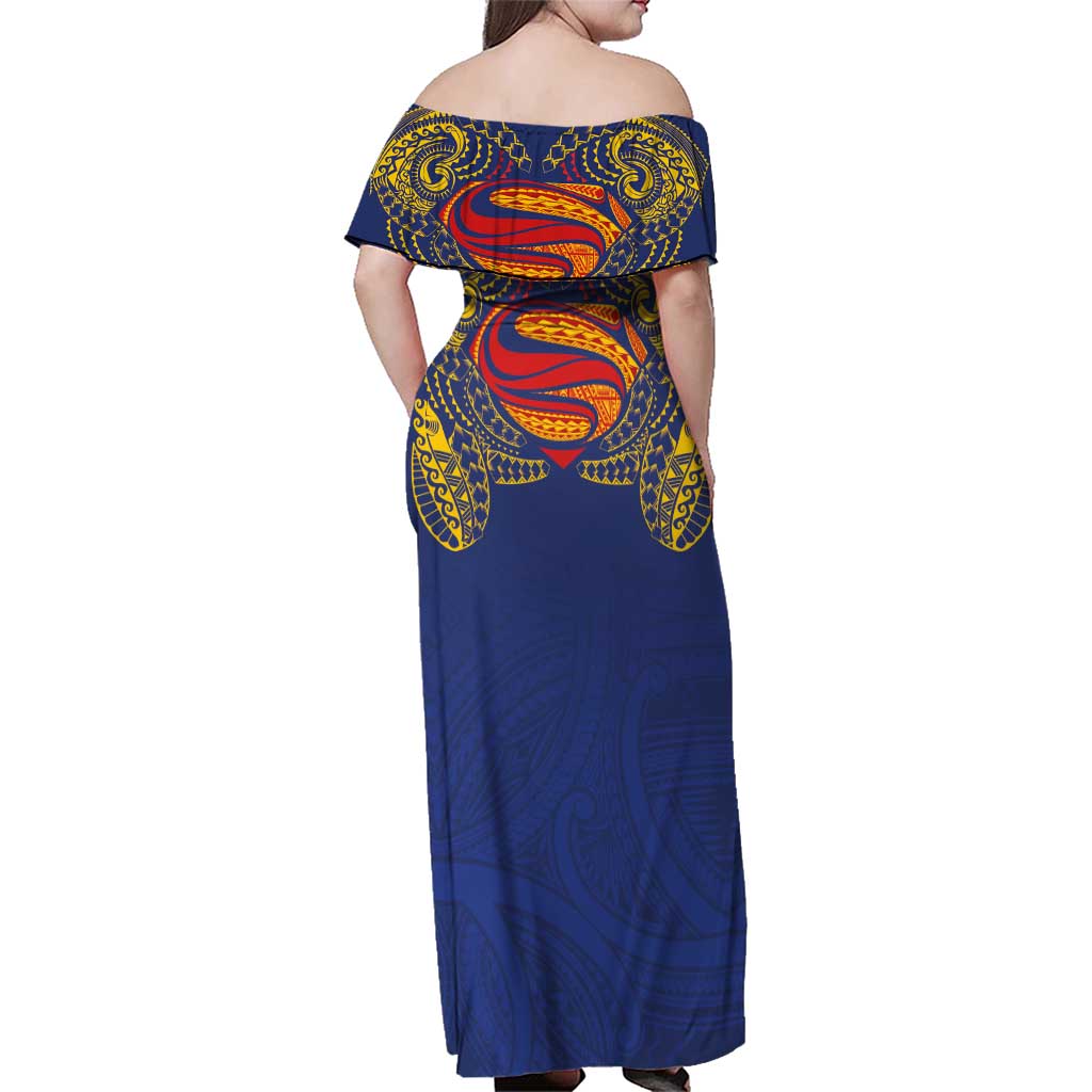 Super Samoan Traditional Tribal Art Tattoos Family Matching Off Shoulder Maxi Dress and Hawaiian Shirt Blue Color LT03 - Polynesian Pride