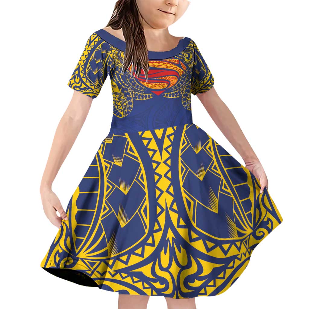 Super Samoan Traditional Tribal Art Tattoos Family Matching Off Shoulder Short Dress and Hawaiian Shirt Blue Color LT03 Daughter's Dress Blue - Polynesian Pride