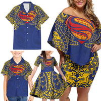 Super Samoan Traditional Tribal Art Tattoos Family Matching Off Shoulder Short Dress and Hawaiian Shirt Blue Color LT03 - Polynesian Pride