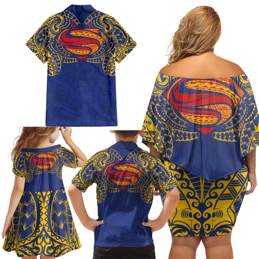 Super Samoan Traditional Tribal Art Tattoos Family Matching Off Shoulder Short Dress and Hawaiian Shirt Blue Color LT03 - Polynesian Pride