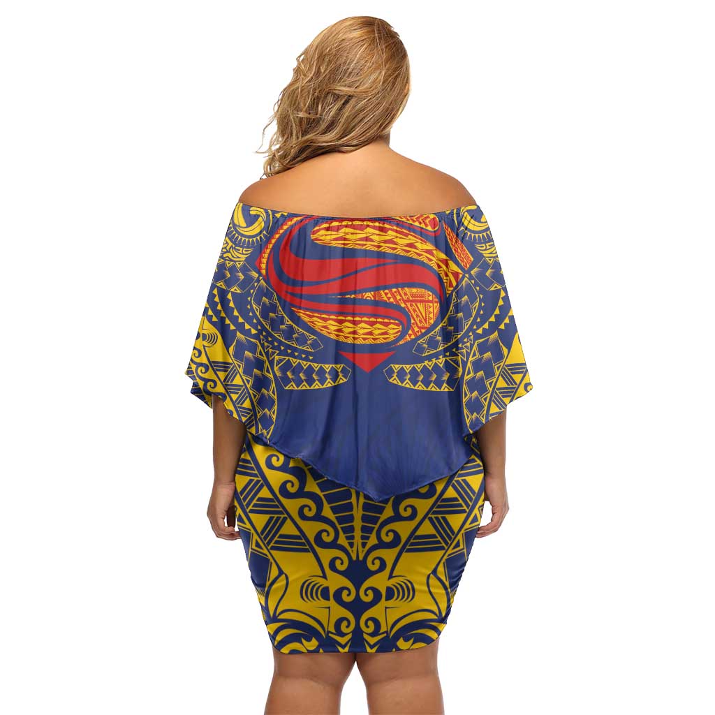 Super Samoan Traditional Tribal Art Tattoos Family Matching Off Shoulder Short Dress and Hawaiian Shirt Blue Color LT03 - Polynesian Pride