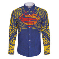 Super Samoan Traditional Tribal Art Tattoos Family Matching Puletasi and Hawaiian Shirt Blue Color LT03 Dad's Shirt - Long Sleeve Blue - Polynesian Pride