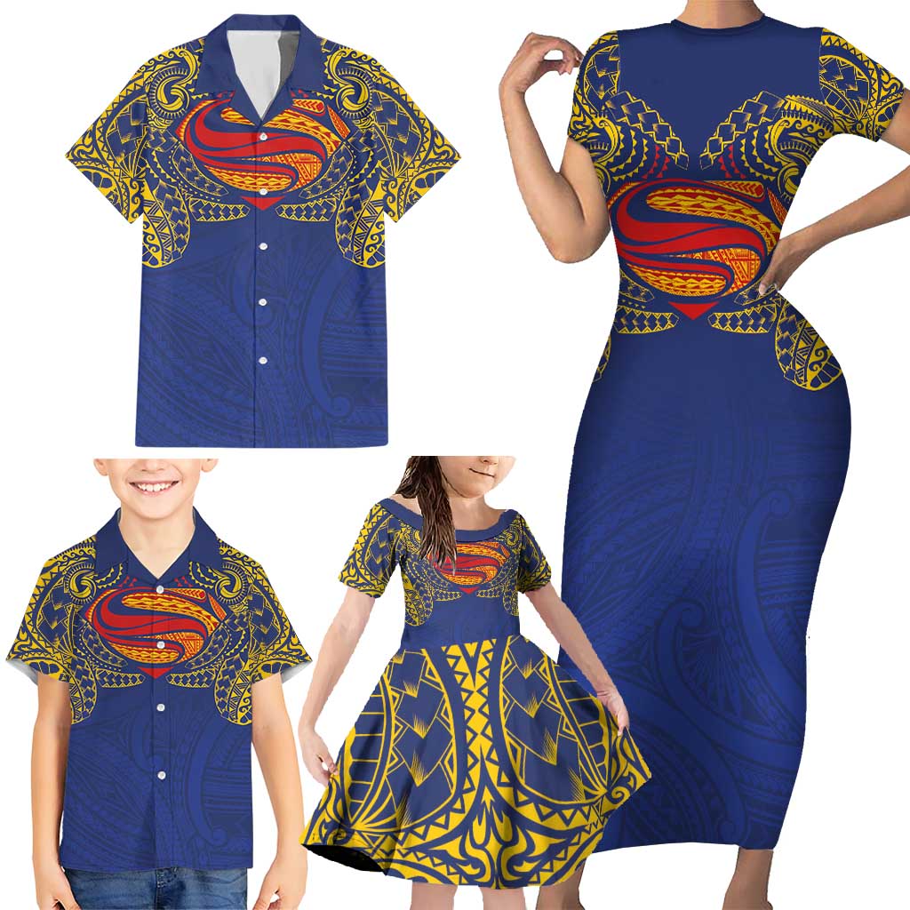 Super Samoan Traditional Tribal Art Tattoos Family Matching Short Sleeve Bodycon Dress and Hawaiian Shirt Blue Color LT03 - Polynesian Pride