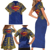 Super Samoan Traditional Tribal Art Tattoos Family Matching Short Sleeve Bodycon Dress and Hawaiian Shirt Blue Color LT03 - Polynesian Pride